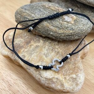 Silver Tone Teddy Bear Bracelet Black Adjustable Rope Cord Charm Bracelet